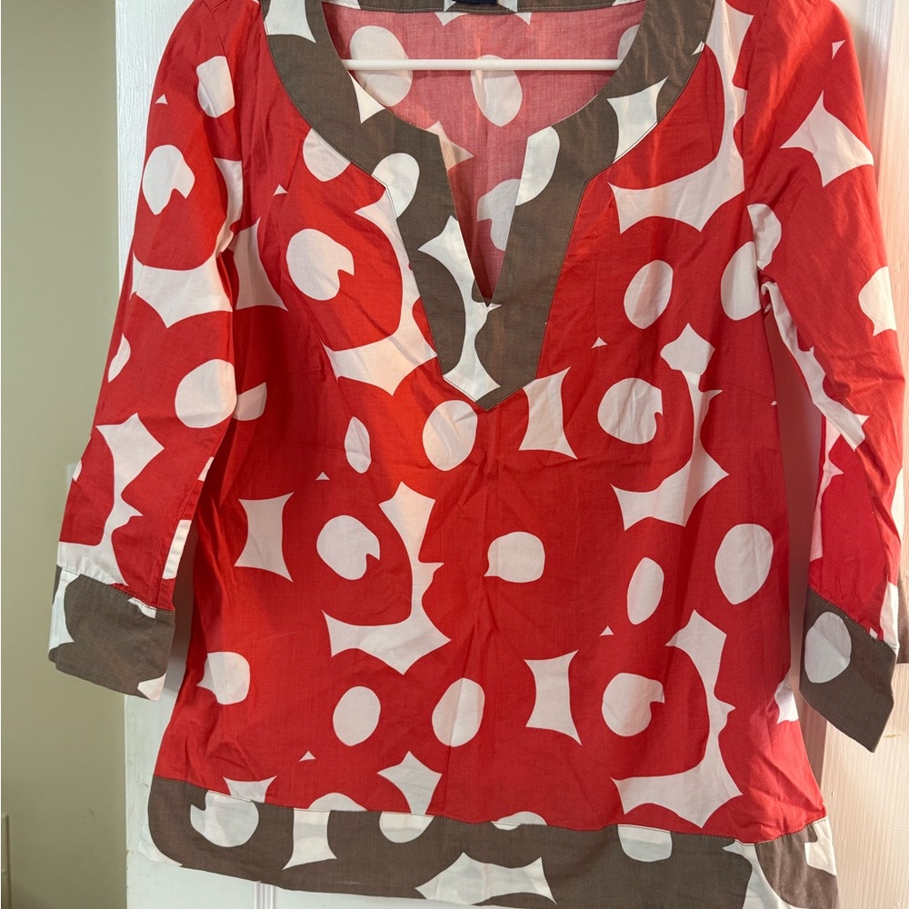 Boden Coral and White Graphic Blouse with Notched Collar
